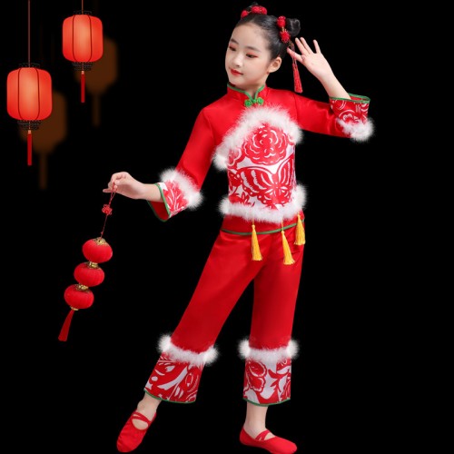 Gilrs chinese folk dance costumes chinese dragon drum festive opener wear girls lanterns new year celebration yangko waist drum dance wear for children